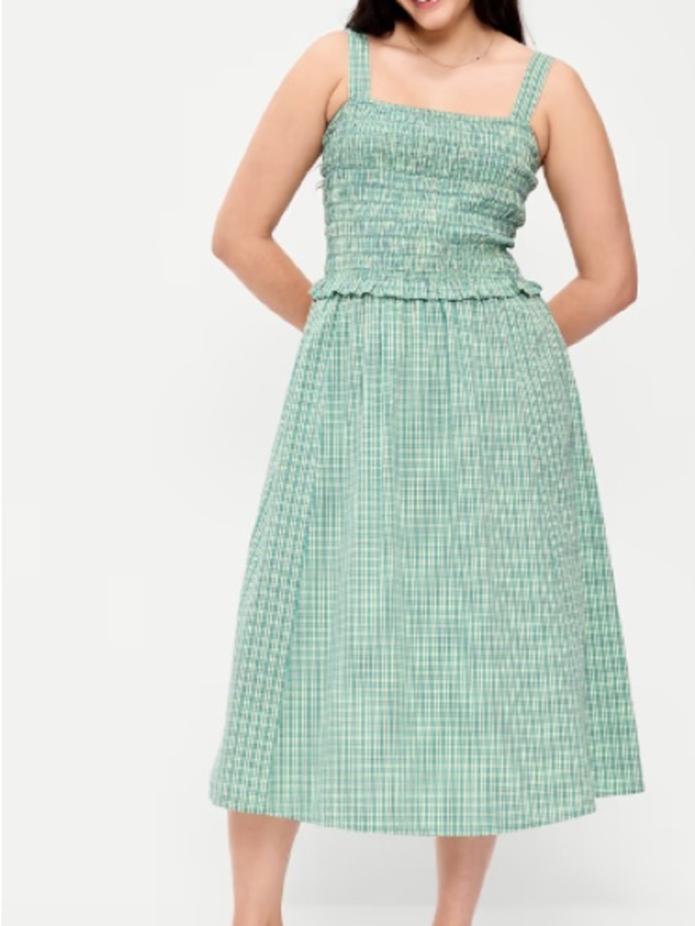 Smocked Square-Neck Midi Dress in Mint and Blue Plaid